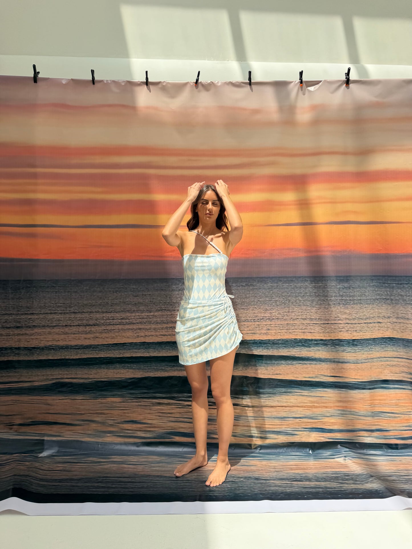 Blue checkered one line swimsuit(only swimsuit)