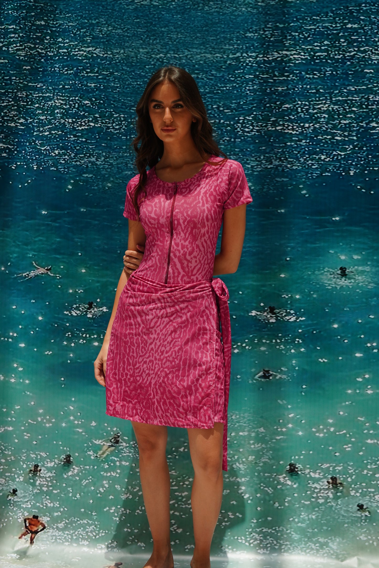 Pink cheetah short sleeves swimsuit (only swimsuit)