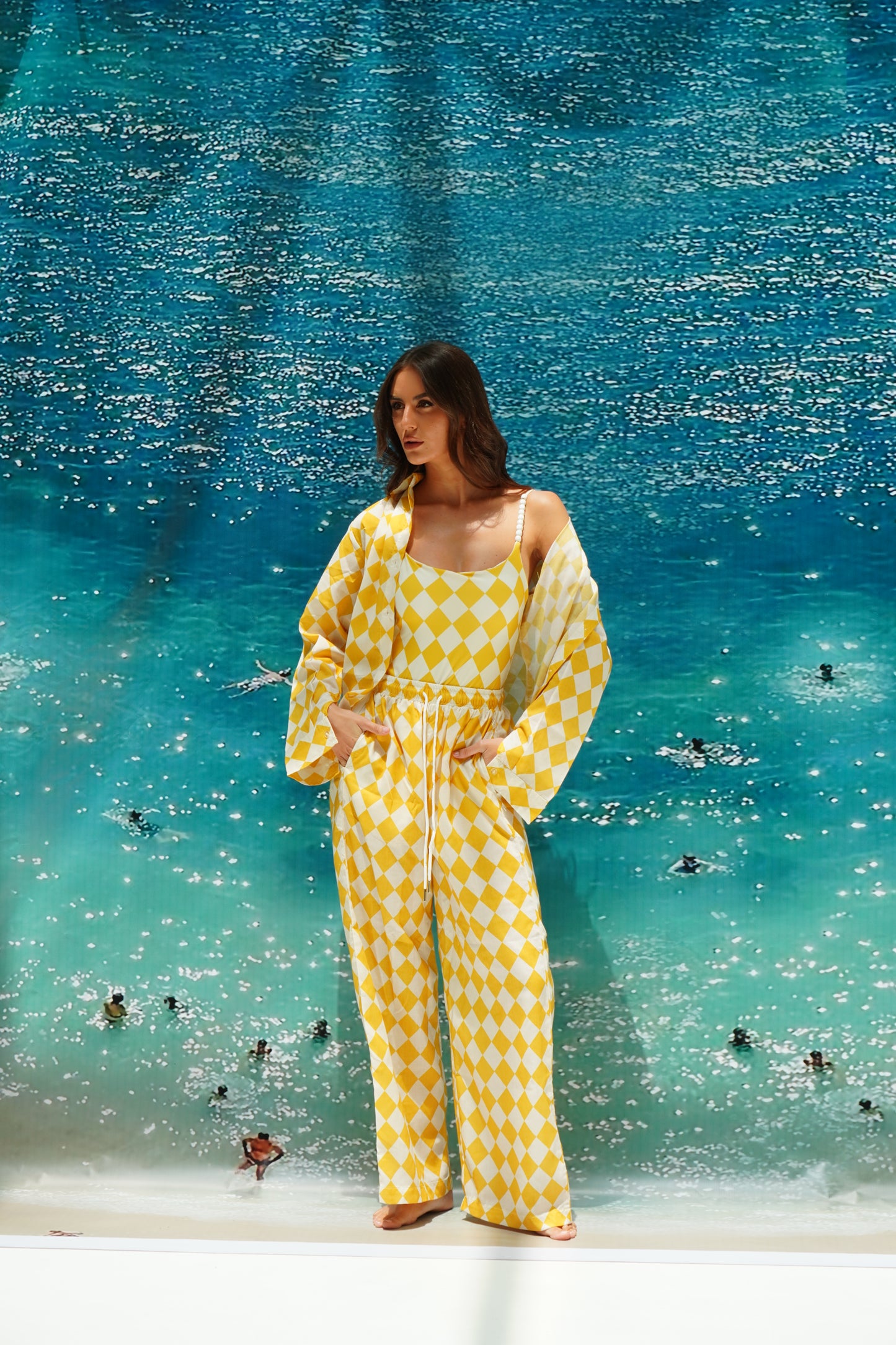 Yellow checkered pajama style coverup