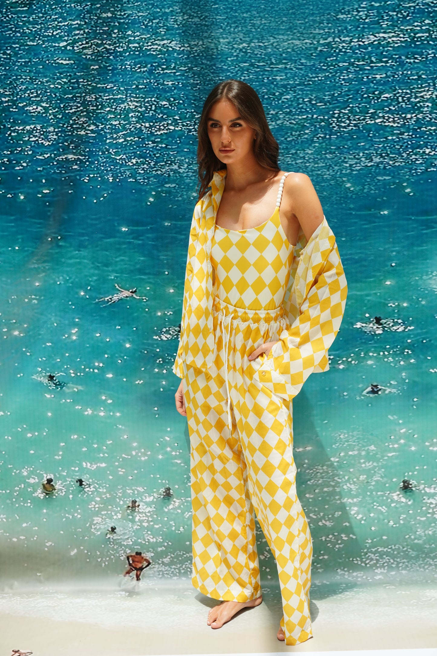 Yellow checkered pajama style coverup