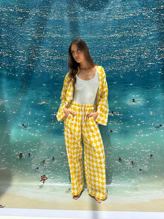 Yellow checkered pajama style coverup