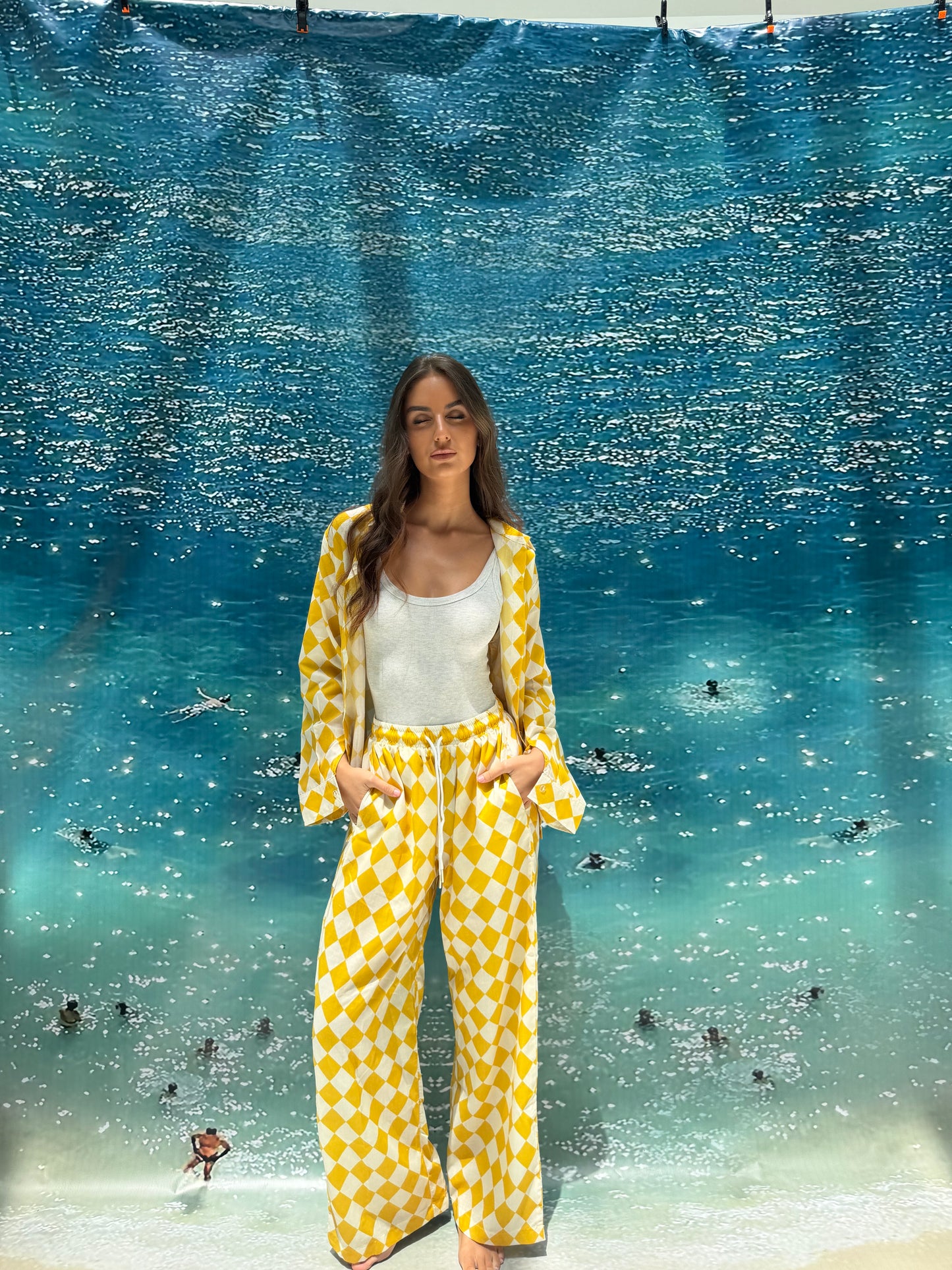 Yellow checkered pajama style coverup