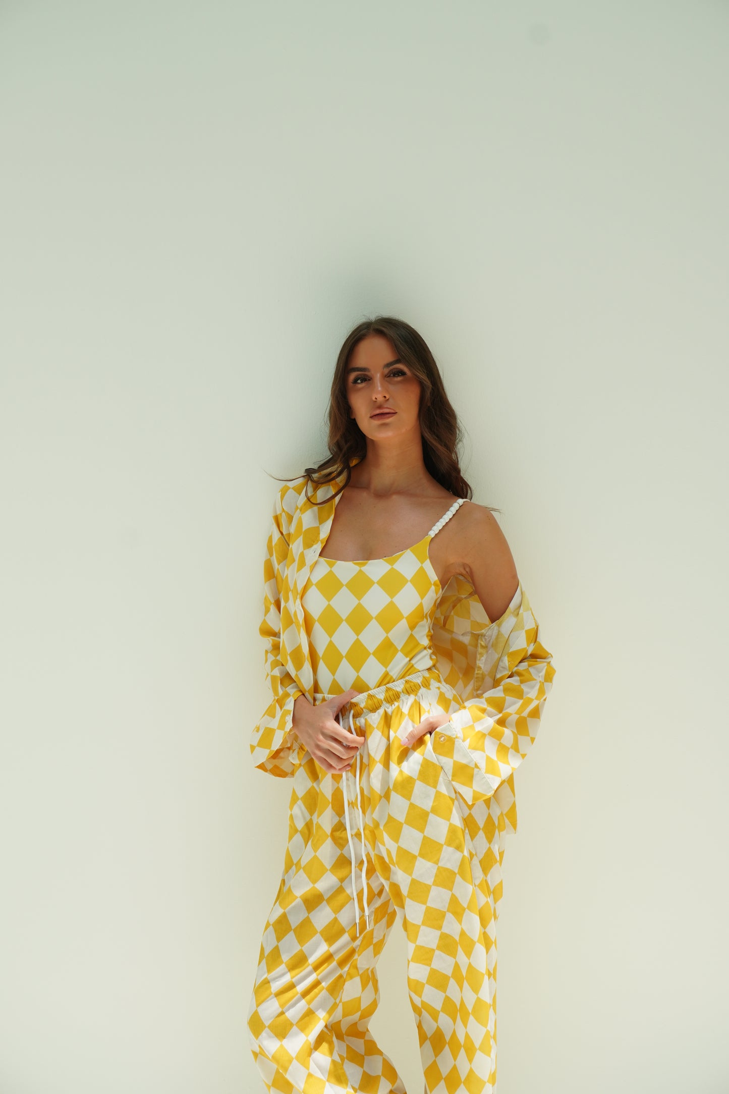 Yellow checkered pajama style coverup