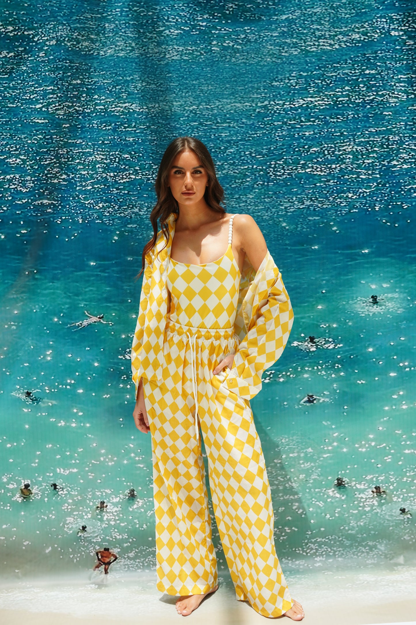 Yellow checkered pajama style coverup