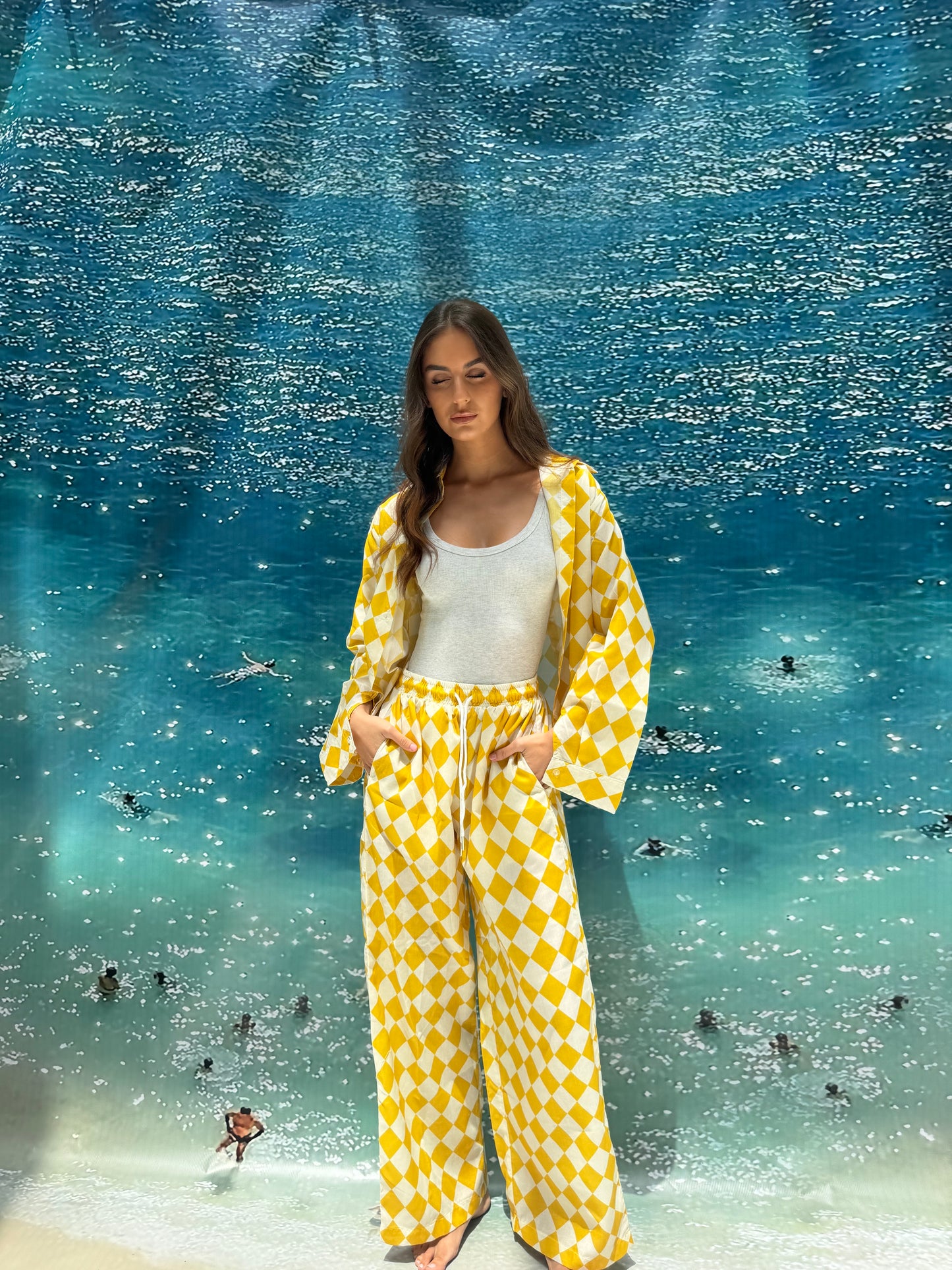Yellow checkered pajama style coverup