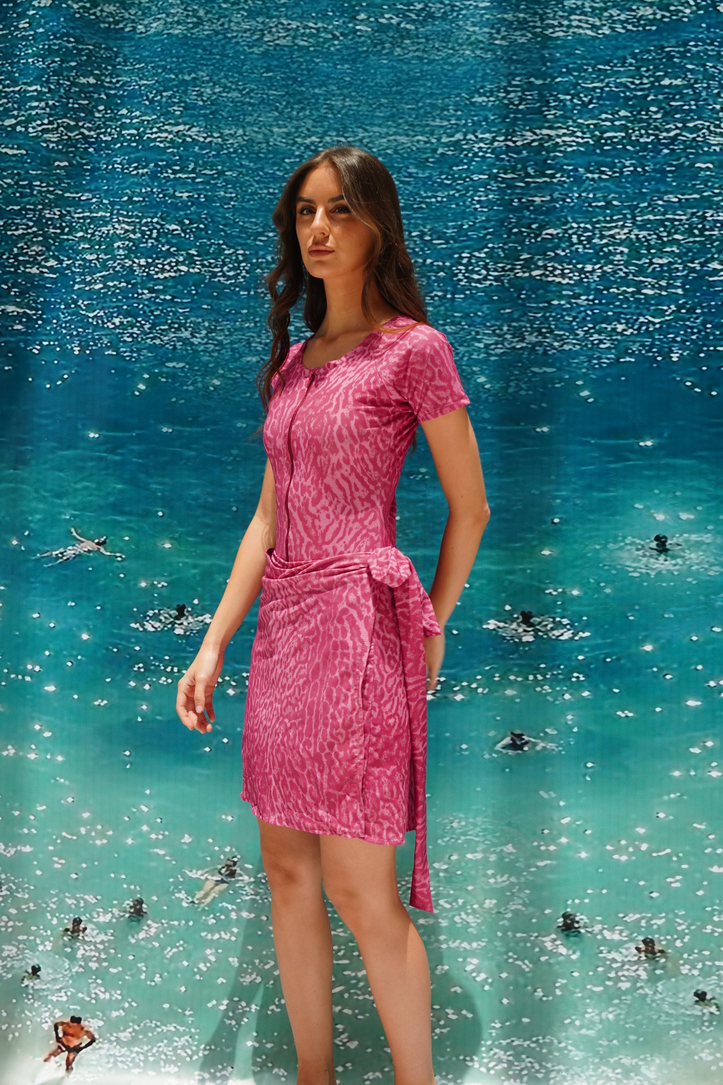 Pink cheetah short sleeves swimsuit (only swimsuit)