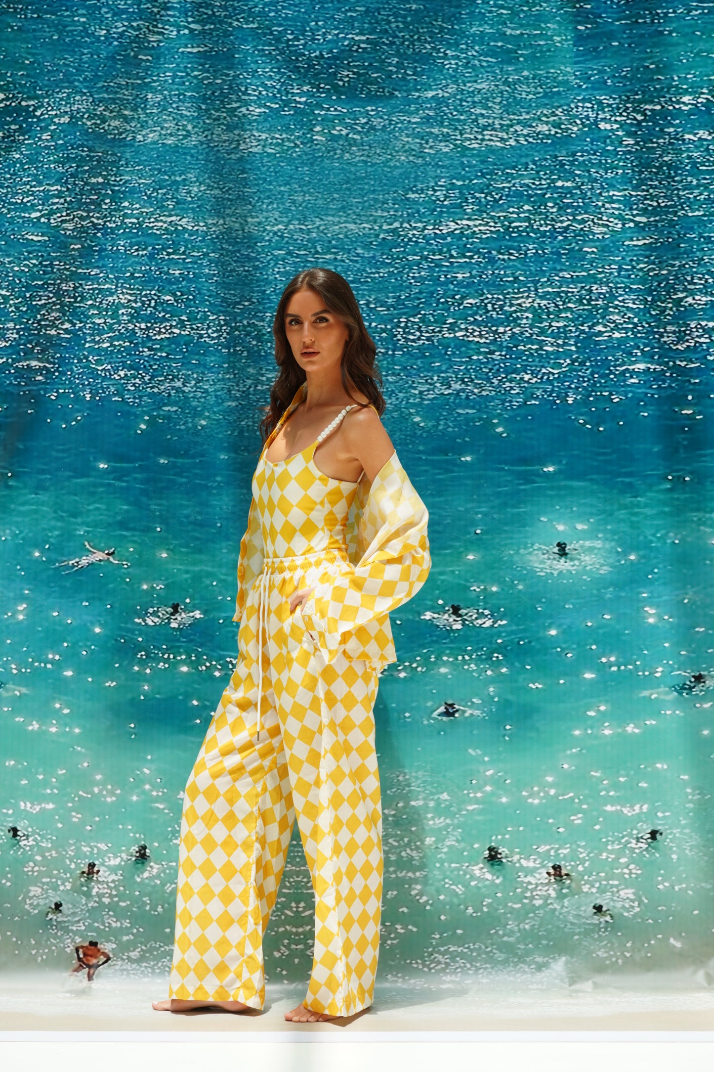 Yellow checkered pajama style coverup