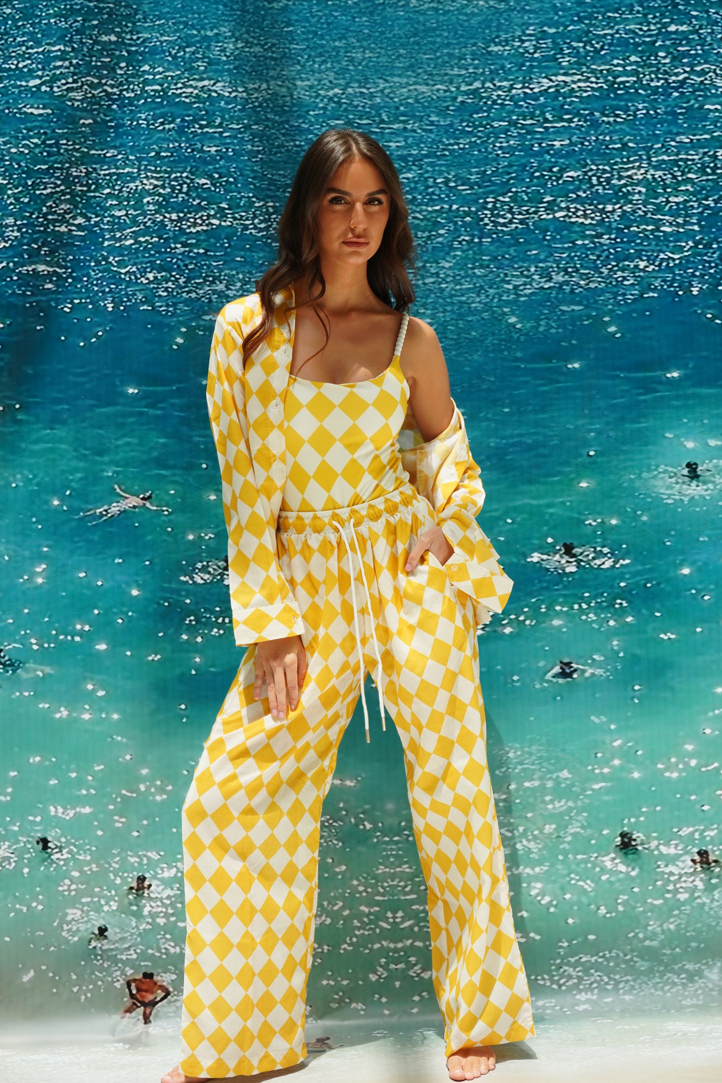 Yellow checkered pajama style coverup
