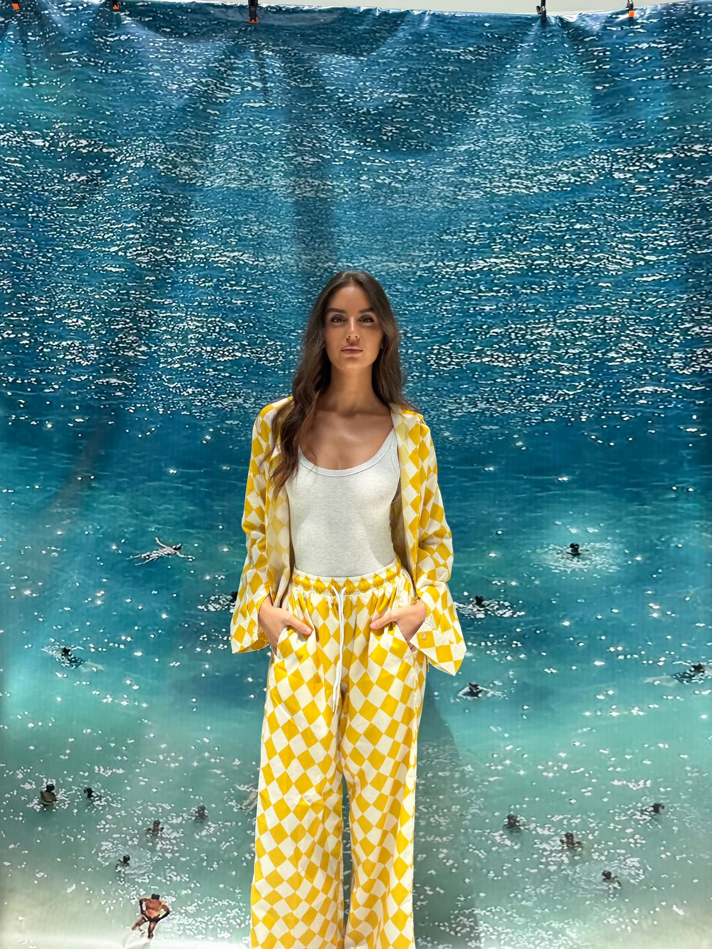Yellow checkered pajama style coverup