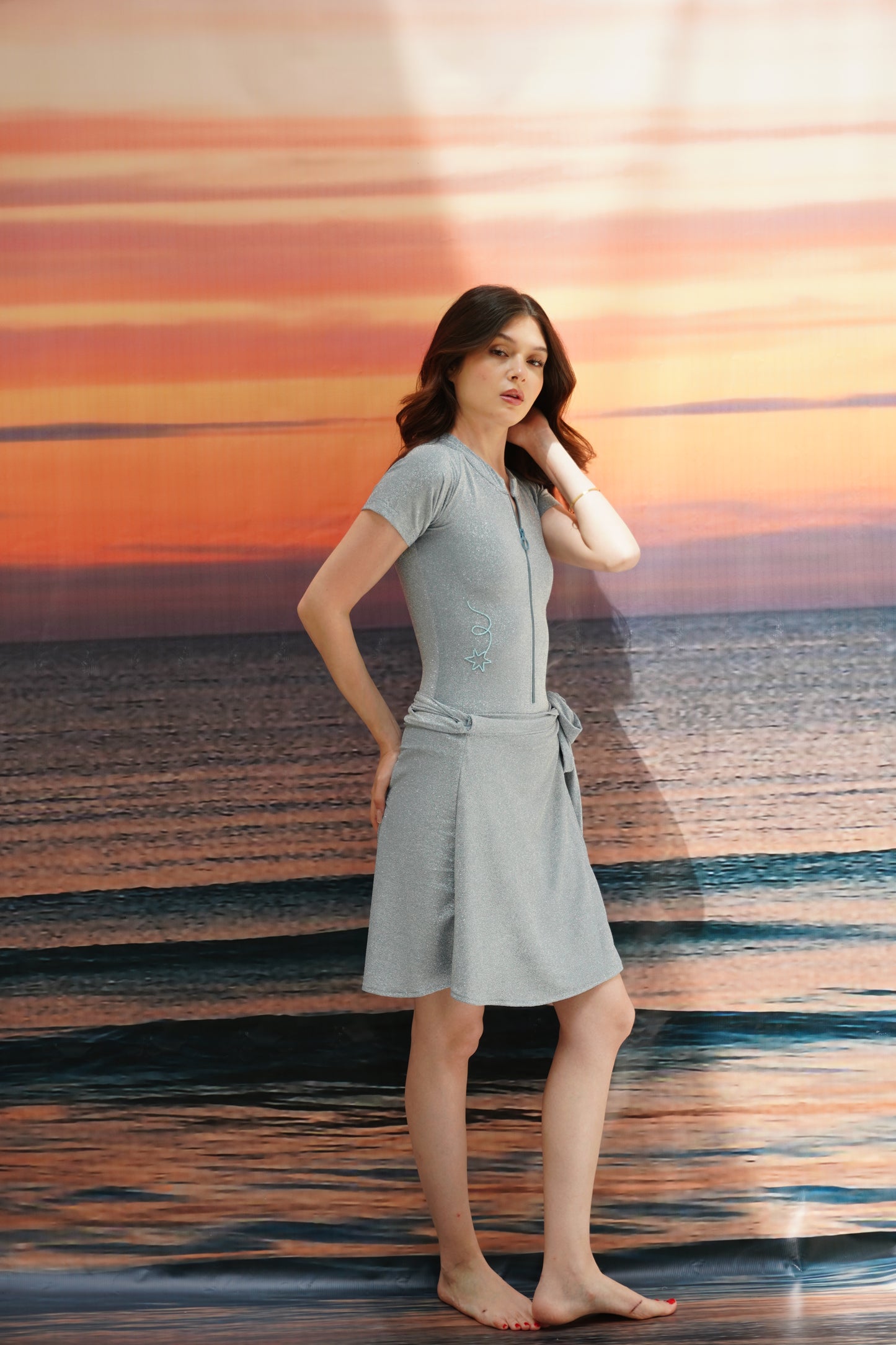 Mermaid blue short sleeves swimsuit (only swimsuit)