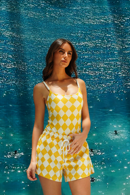 Yellow checkered tank swim suit