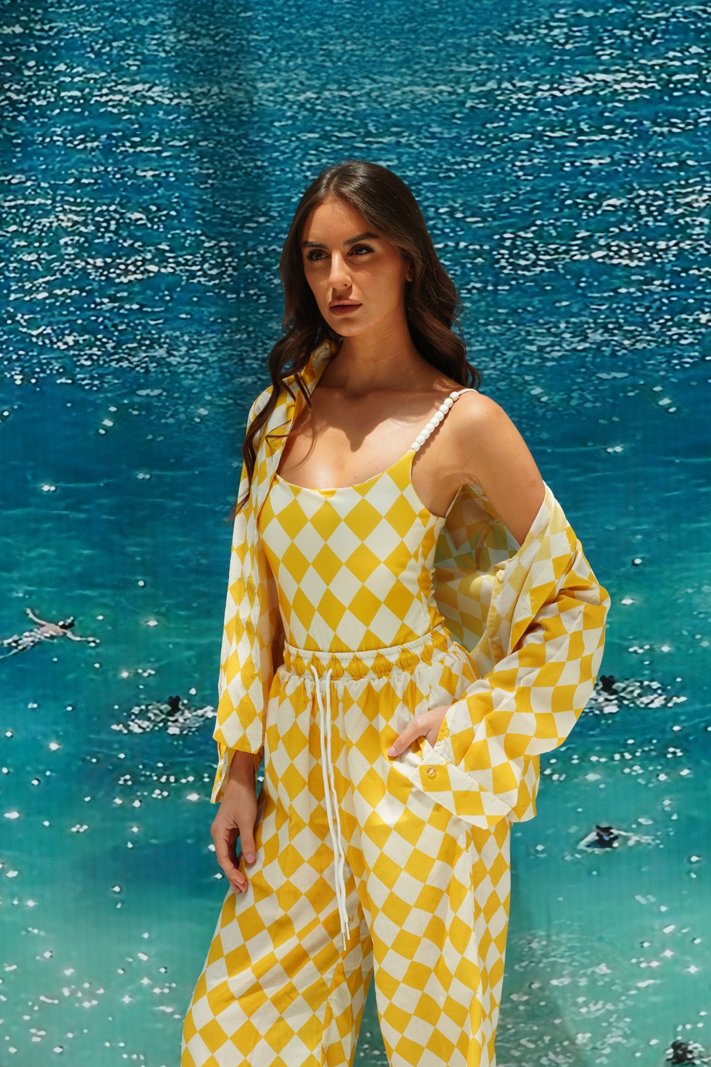 Yellow checkered pajama style coverup