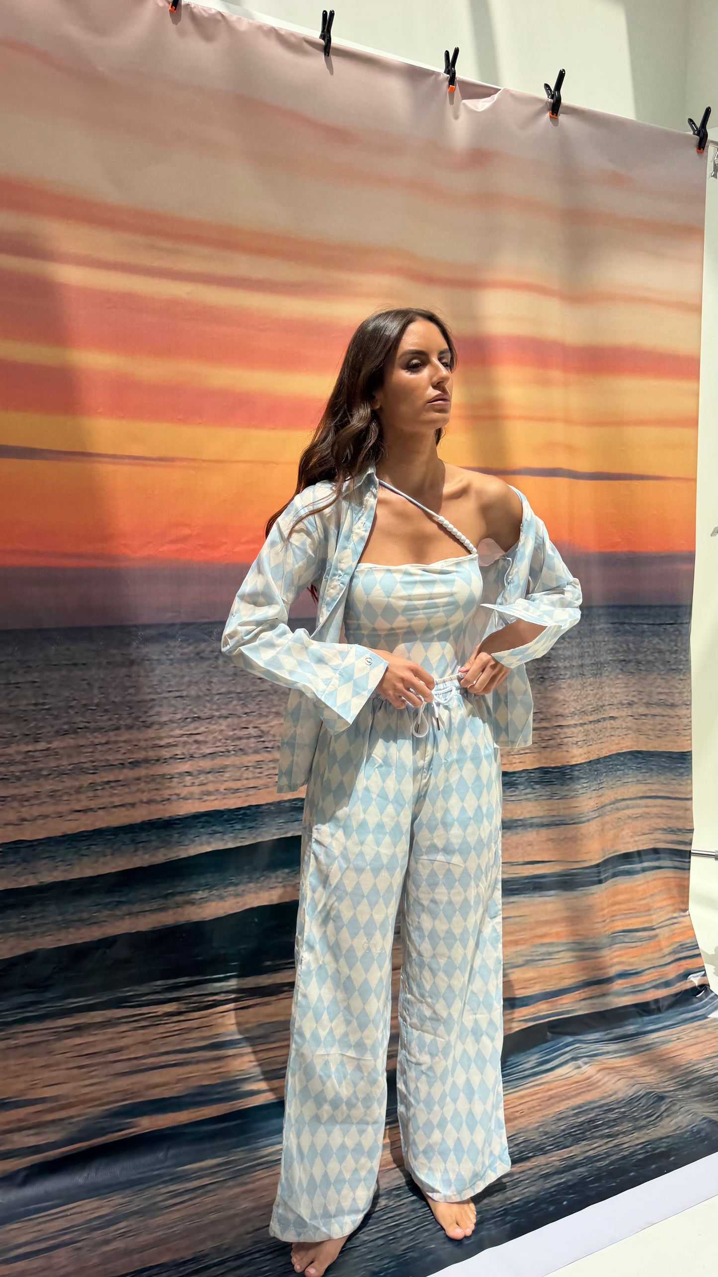 Blue checkered one line swimsuit(only swimsuit)