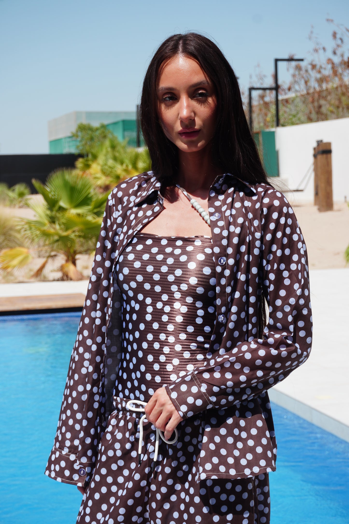 Brown x baby blue polka dot pajama style