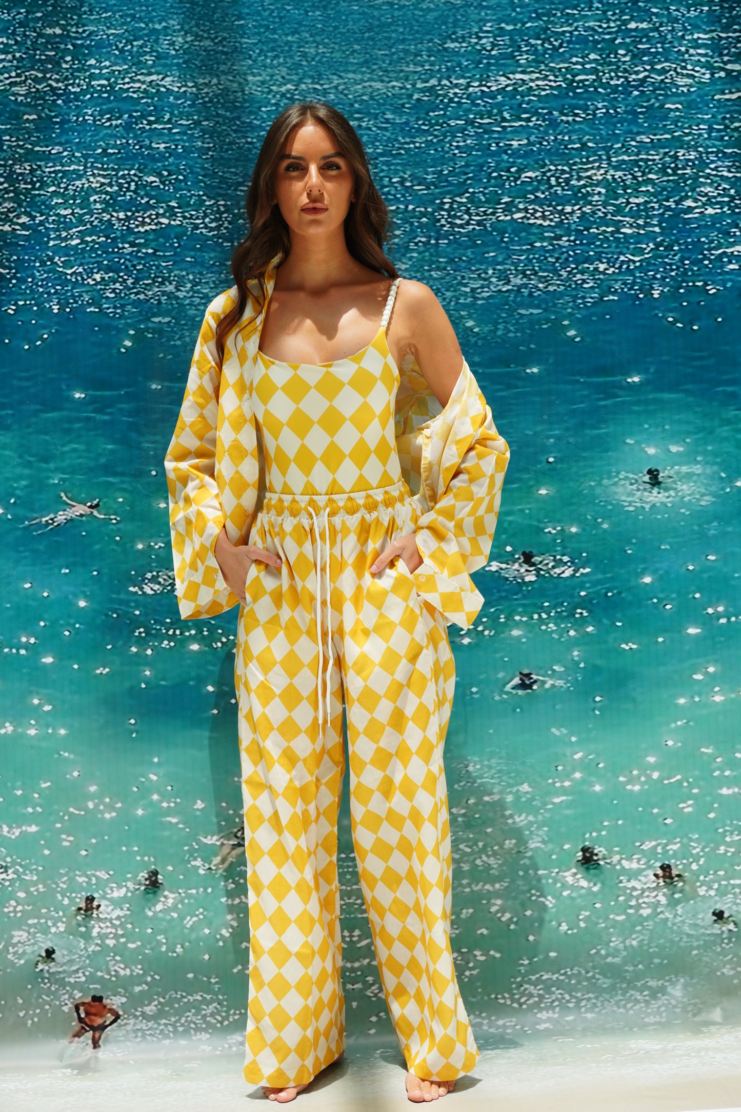 Yellow checkered pajama style coverup