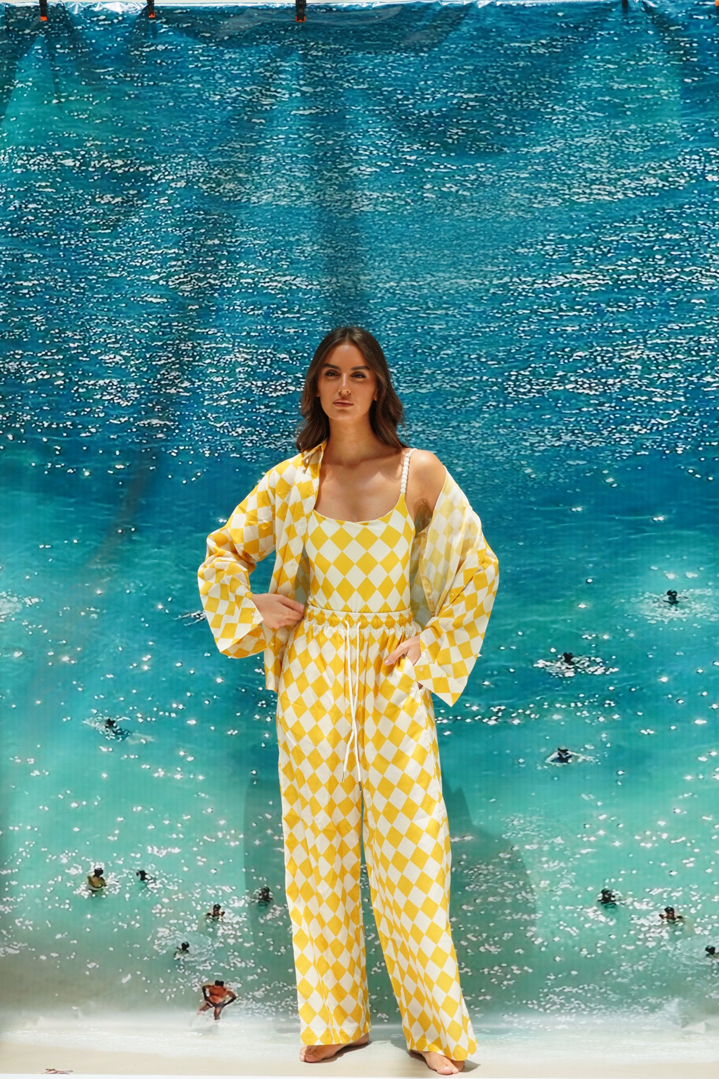 Yellow checkered pajama style coverup