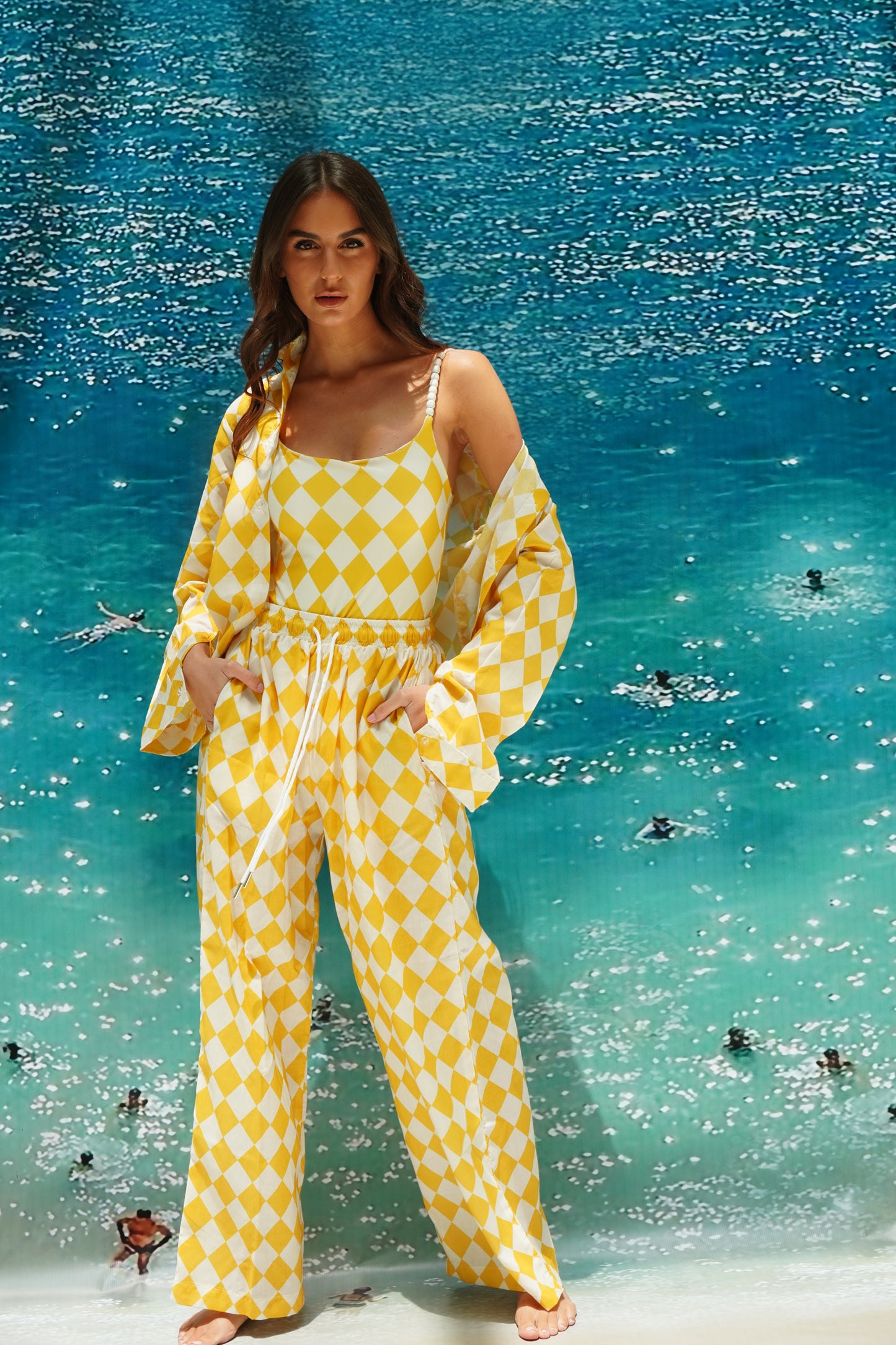 Yellow checkered pajama style coverup