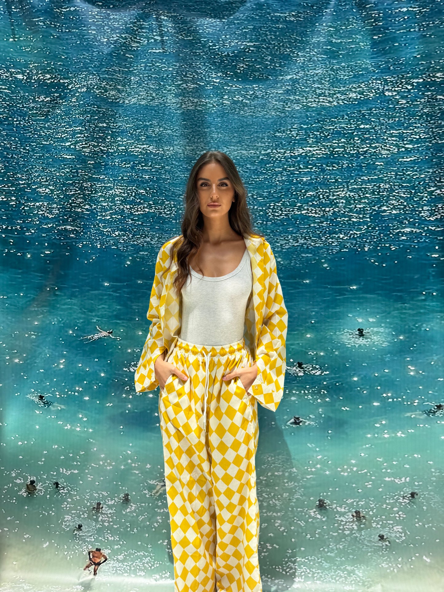 Yellow checkered pajama style coverup