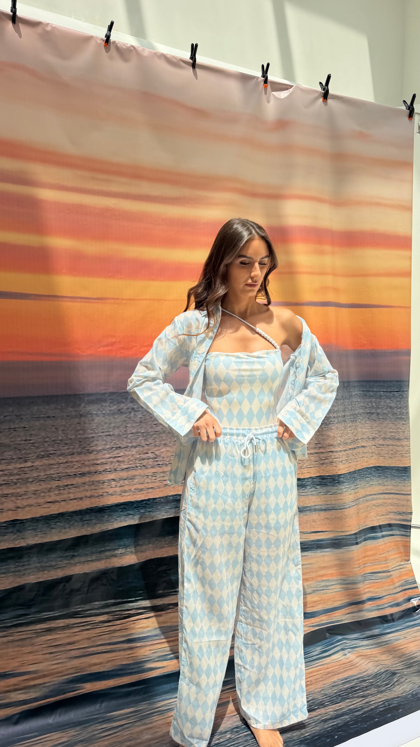Blue checkered pajama style coverup