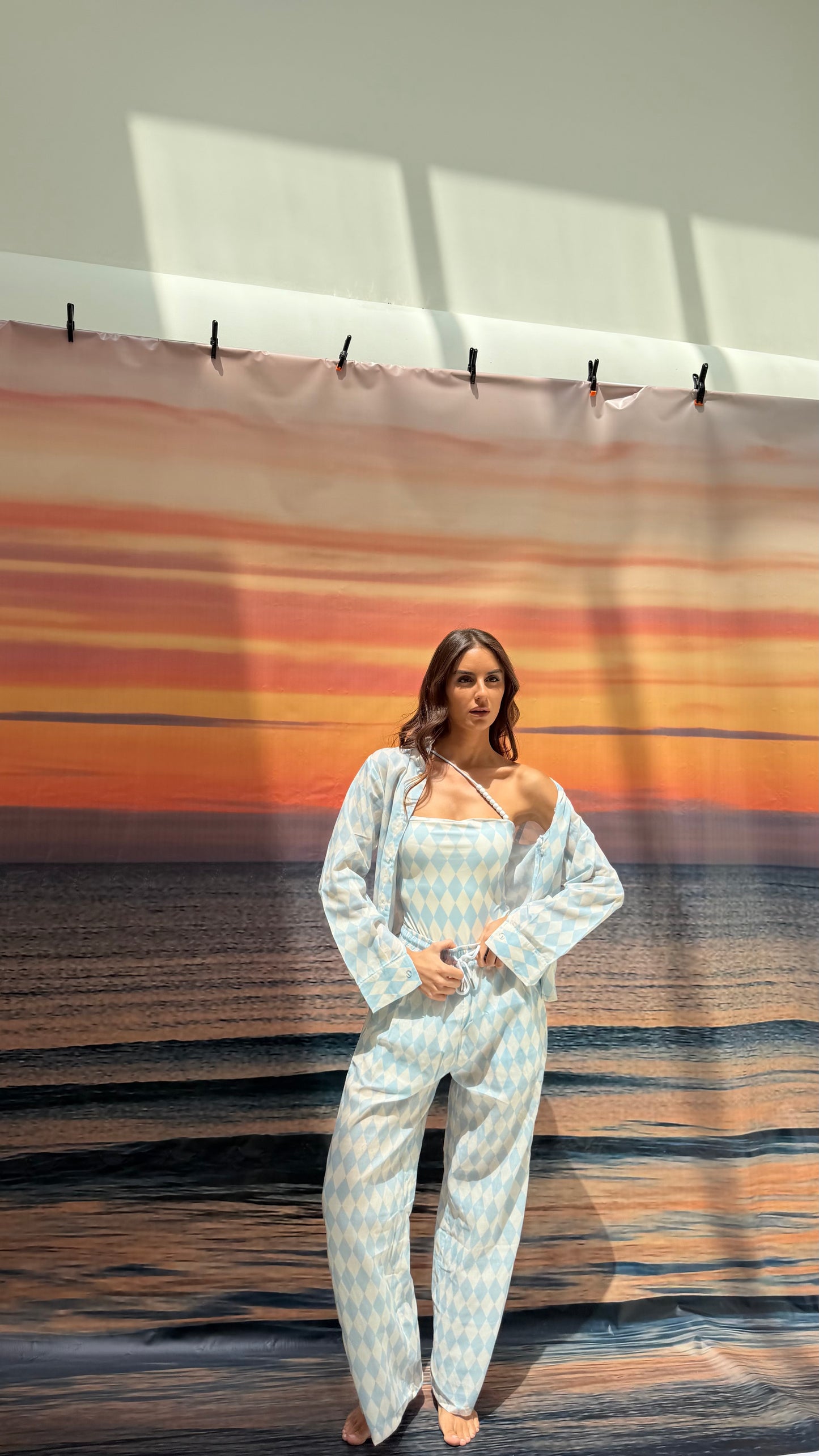 Blue checkered pajama style coverup