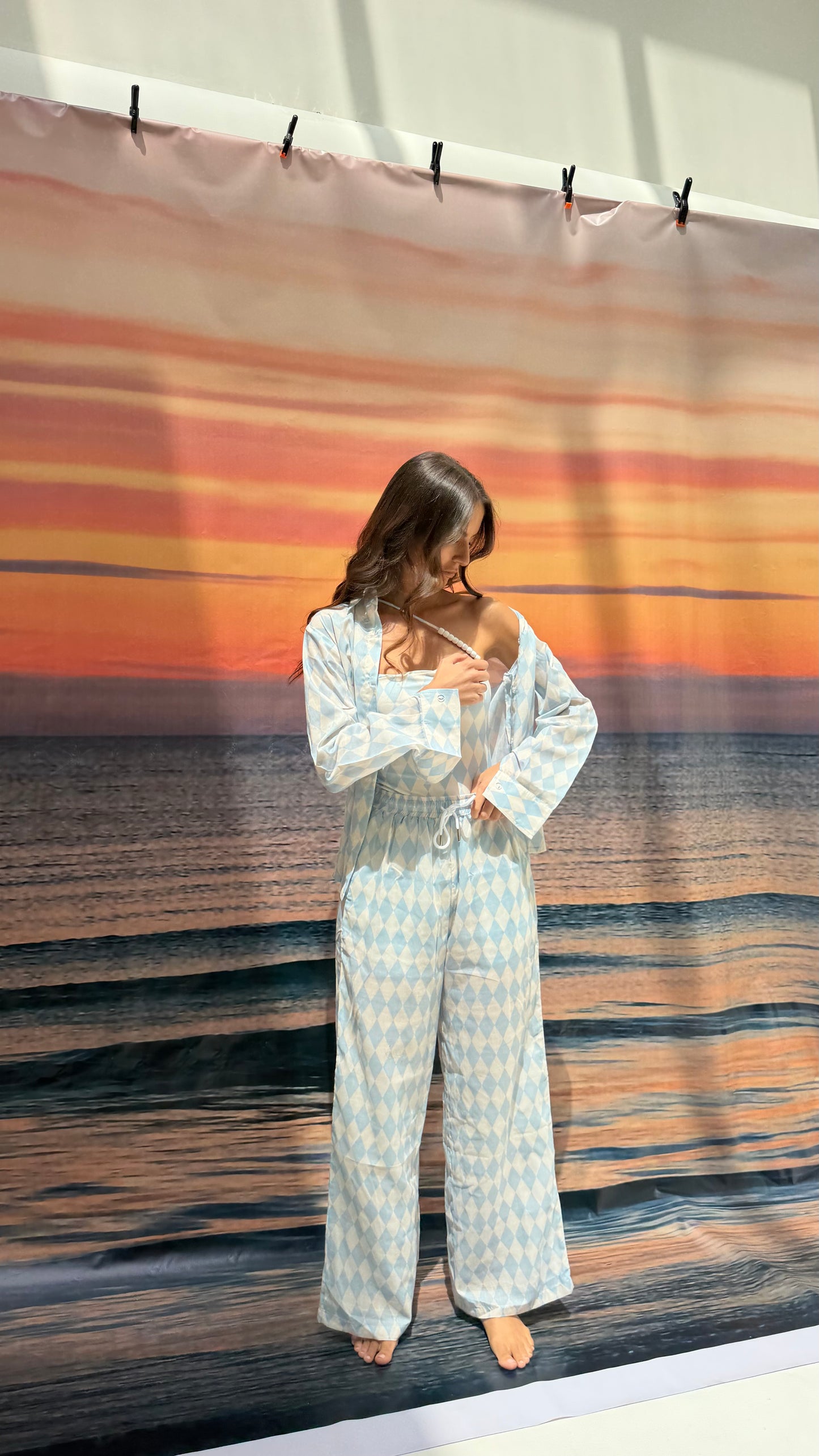 Blue checkered pajama style coverup