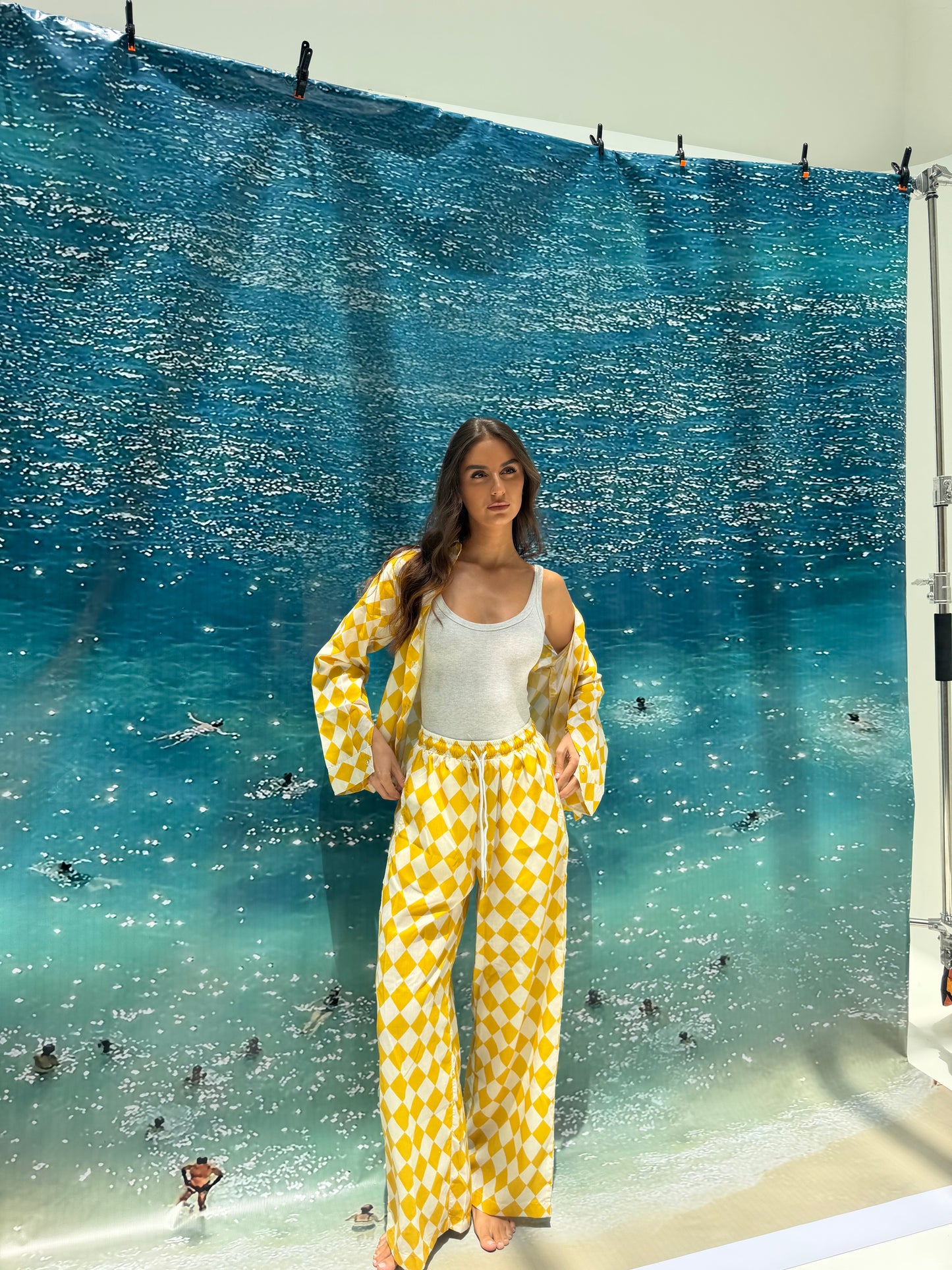 Yellow checkered pajama style coverup