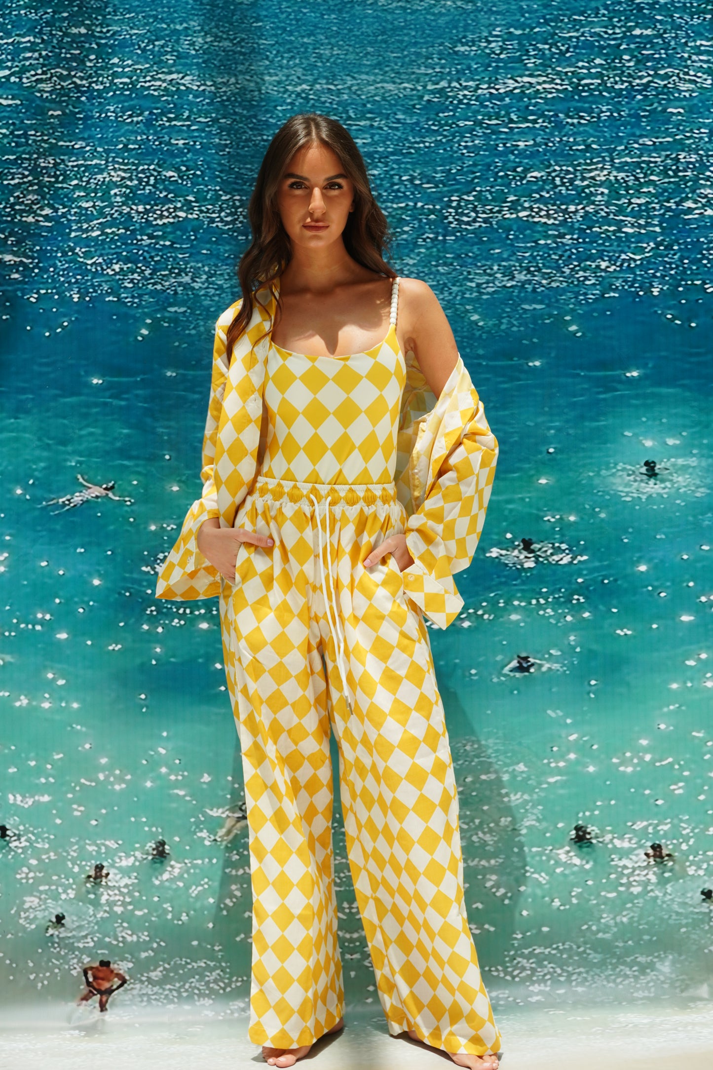 Yellow checkered pajama style coverup