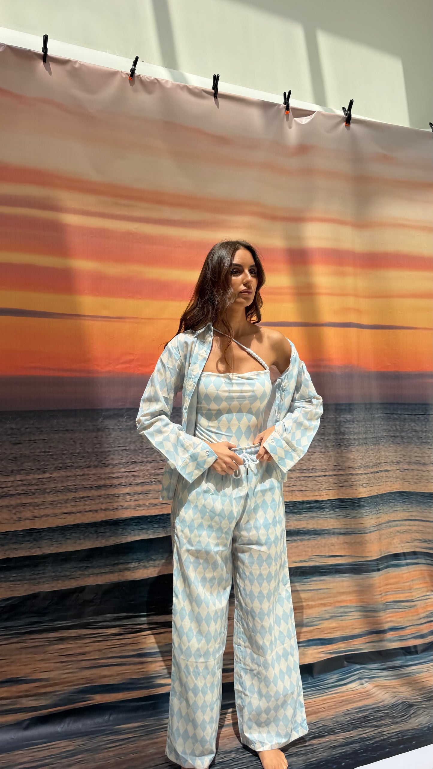 Blue checkered pajama style coverup