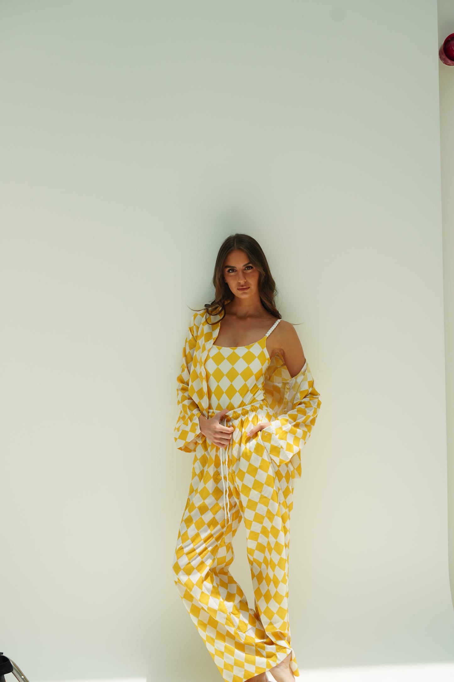 Yellow checkered pajama style coverup